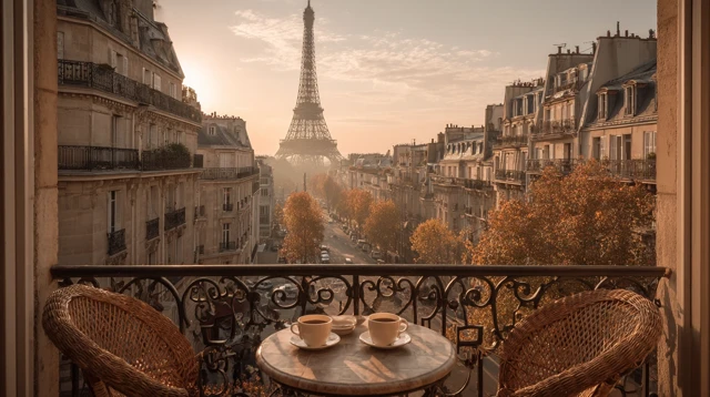 Paris Balcony View Eiffel Tower Sunrise Coffee