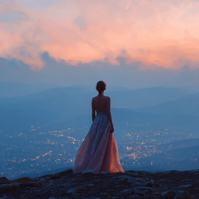 Woman in Evening Dress Overlooking City
