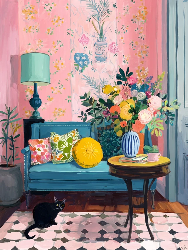 Whimsical Interior Painting by Matisse with Cat