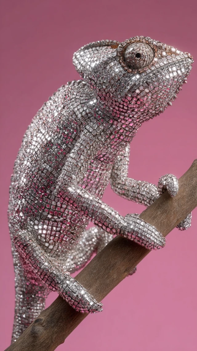 Disco Ball Chameleon On Branch Photorealistic Art
