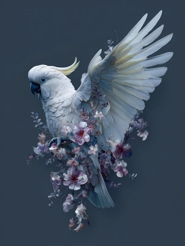 Hyper Realistic Cockatoo with Flowers Illustration