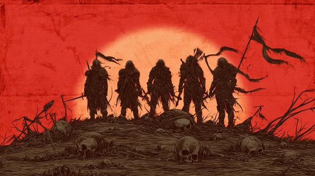 Grimdark Medieval Warriors Sunset Before Battle