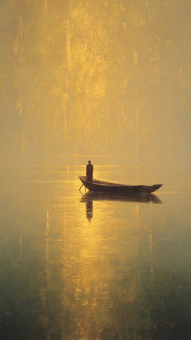 Solitary Figure in a Boat Painting Peaceful Scene