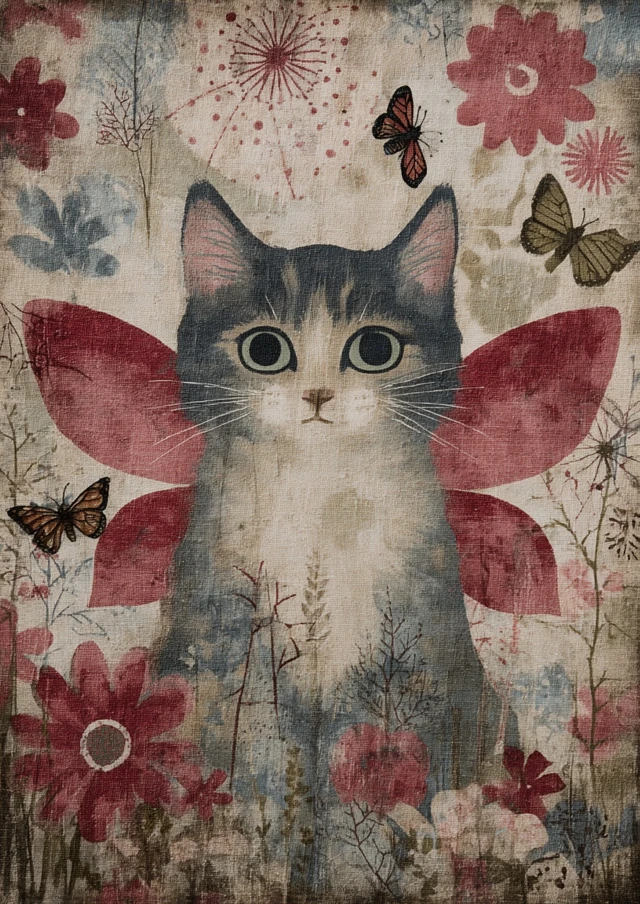 Victorian Kitten Portrait Butterflies Flowers