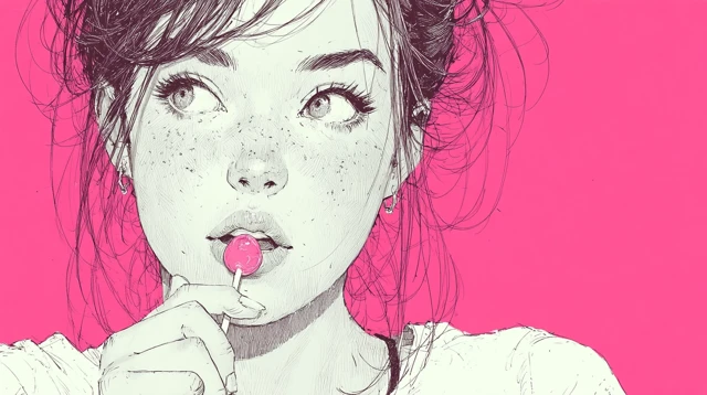 Ink Sketch Portrait of a Woman with Lollipop