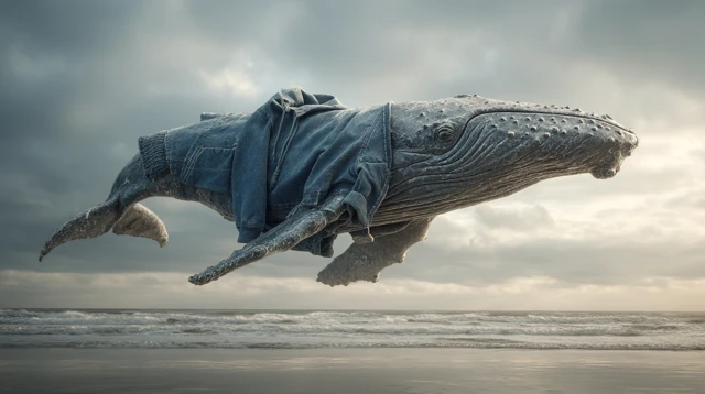 Hyperrealistic Flying Whale with Oversized Sweatshirt