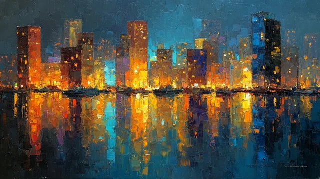 Bold Cityscape Painting: Palette Knife and Vibrant Lights