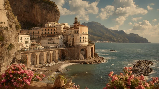 Coastal Italian Town Landscape Wes Anderson Style