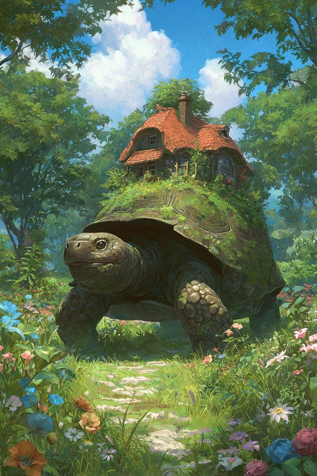 Giant Tortoise House Walking Through Forest Anime