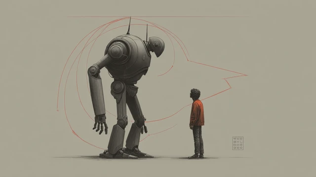 Human and AI Robot Meeting Painting Sketch