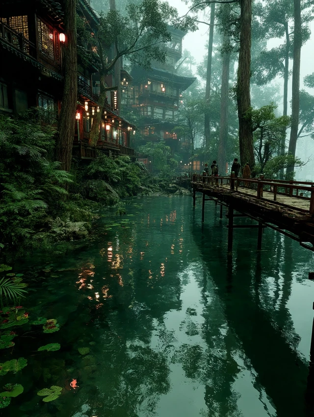 Cyberpunk Forest City: Chinese Architecture in Nature