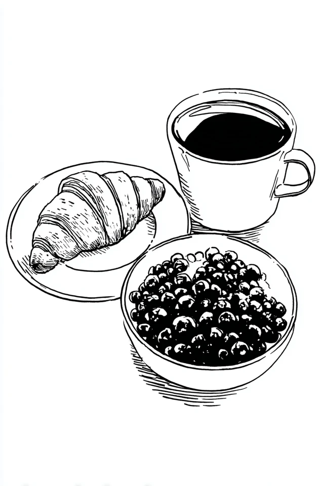 Breakfast Line Drawing Croissant Coffee Berries