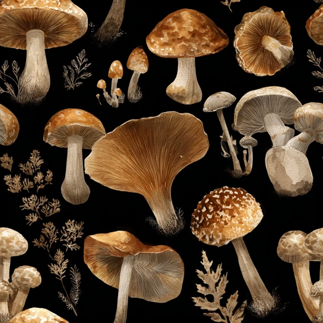 Watercolor Mushroom Seamless Pattern Black Background