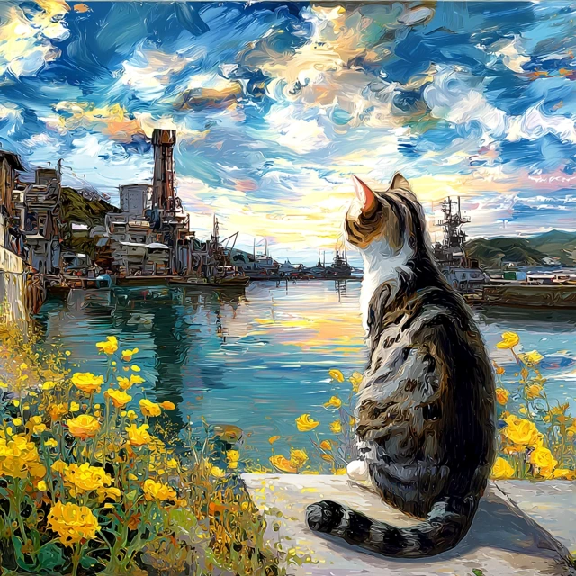 Sunrise Cat Onomichi Waterfront Painting