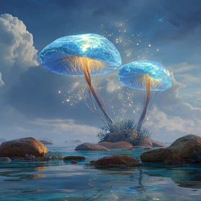 Glowing Mushrooms in Water Fantasy Art