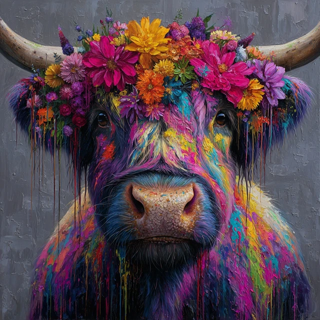Highland Cow Portrait Colorful Flowers Art