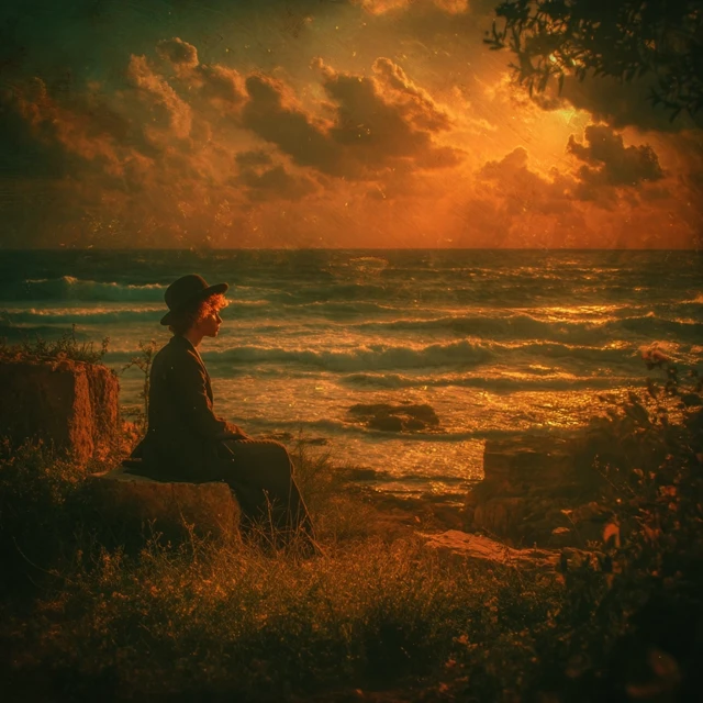 Contemplative Sunset Haredi Man Seaside Scene