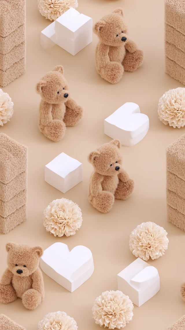 Cute Teddy Bear Pattern 3D Render Wallpaper Design