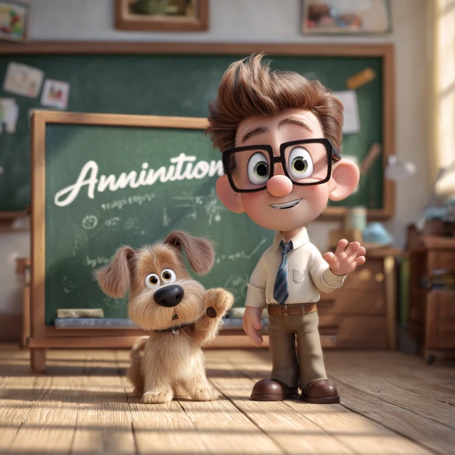 Pixar Classroom with Teacher and Puppy