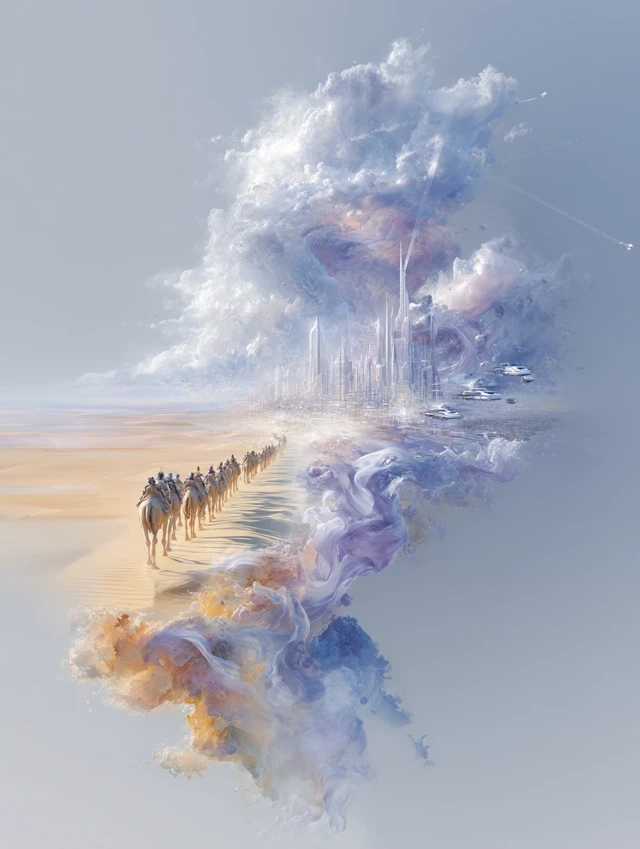 Silk Road through Time: Ancient Caravan Meets Futuristic City
