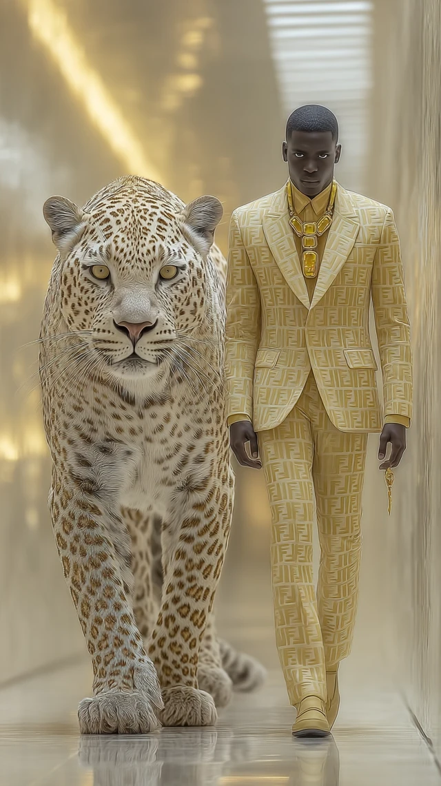 Fendi Leopard and Model Walking Side by Side