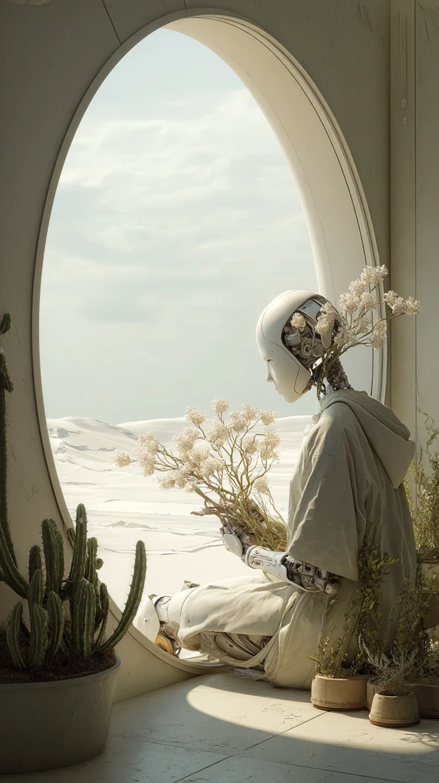 SciFi Robot Researching Alien Plant Minimalist Room
