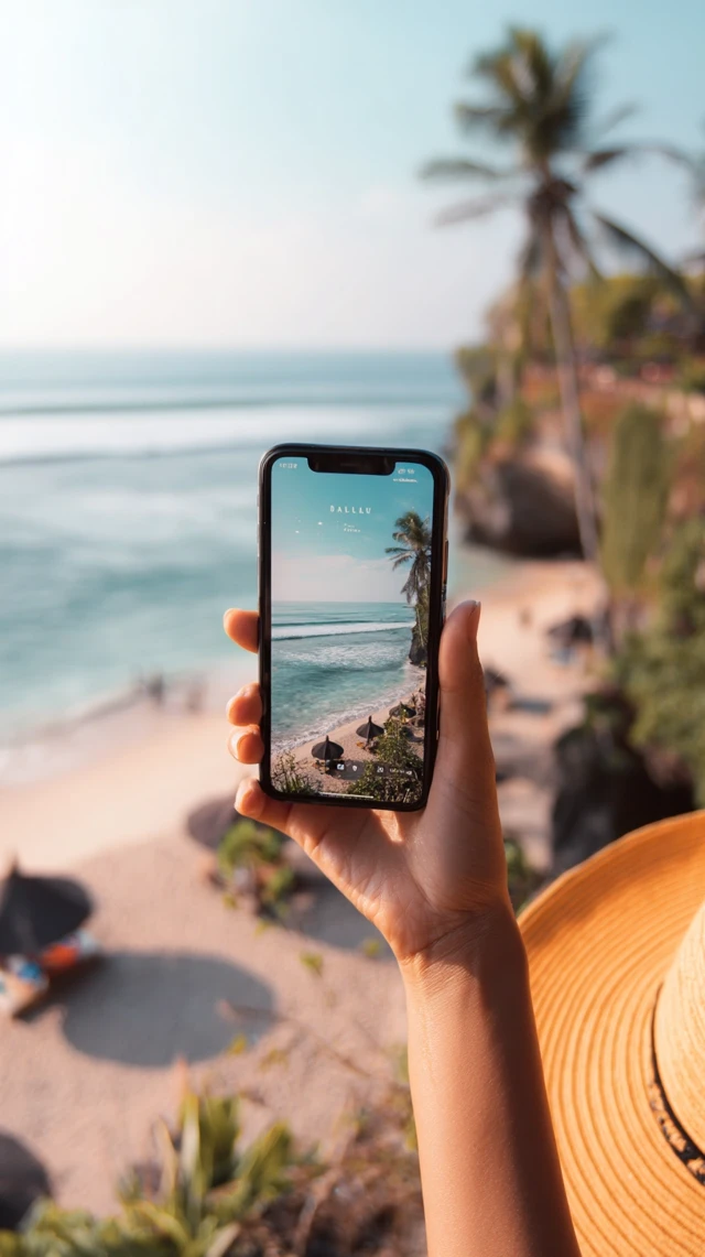 Bali Calling Woman Holding iPhone with Stunning Views