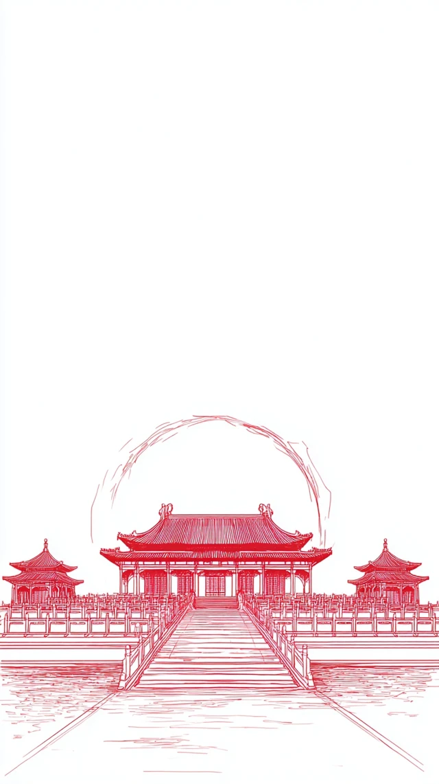 Minimalist Chinese Architecture Red Sketch Outline