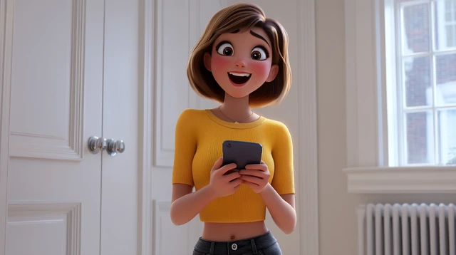 Joyful 3D Cartoon Girl Holding Smartphone