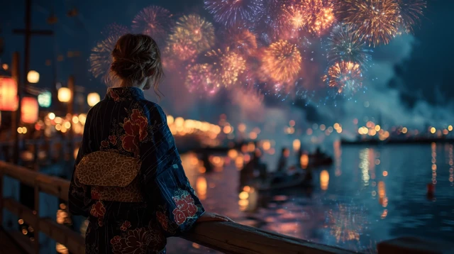 Japanese Woman Fireworks Festival Night Scene