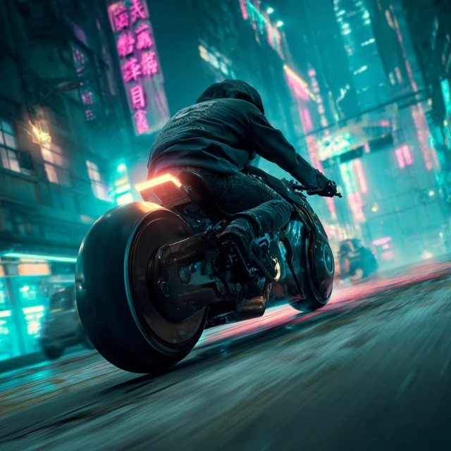Cyberpunk Rider Futuristic Motorcycle Neon City
