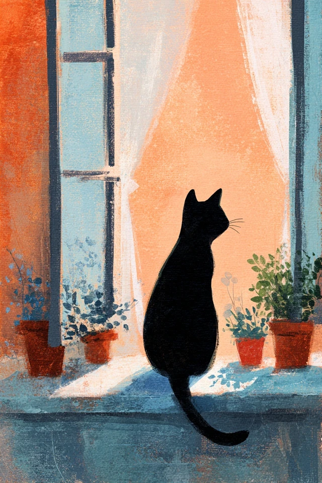 Black Cat at Window Gouache Painting