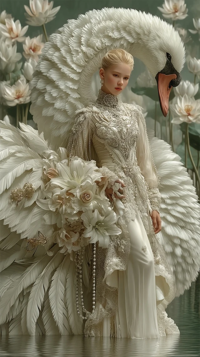 Dreamy Woman and Swan Portrait Elegant Divine