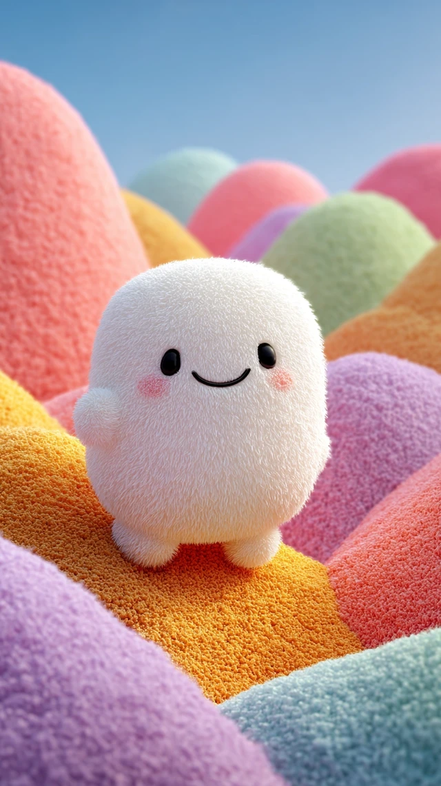Cute Fluffy Character in Pastel Landscape