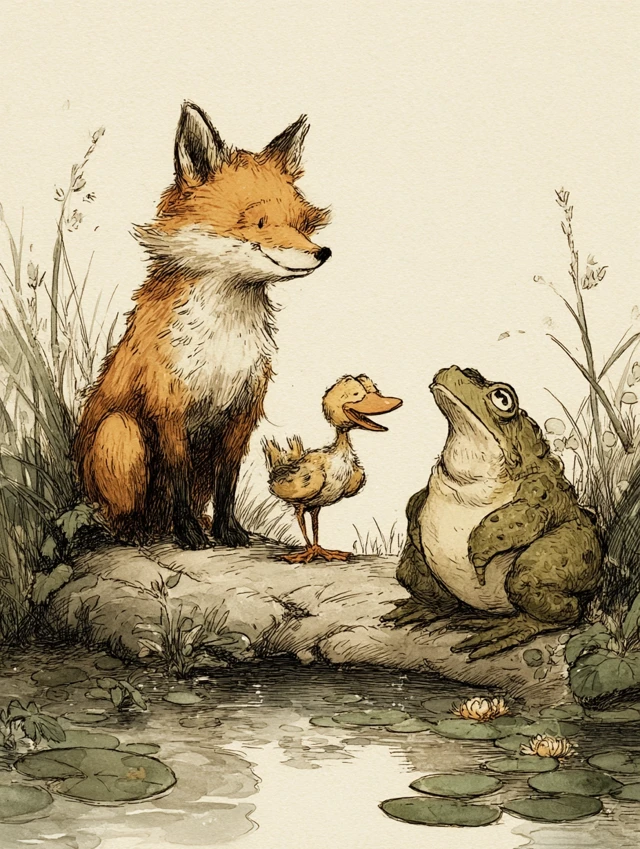 Fox Duck and Toad Illustration Arnold Lobel Style