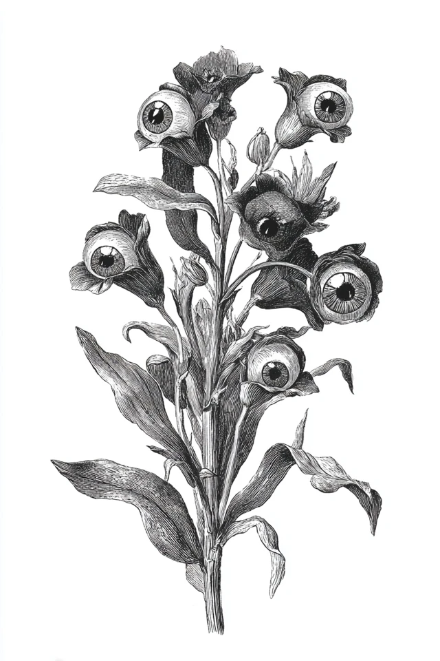Eyeball Plant Botanical Etching Vintage Surrealism