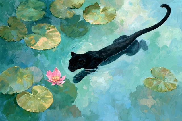 Black Panther in Monet Style Lily Pond