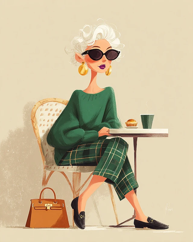 Stylish Senior Woman at French Cafe Illustration