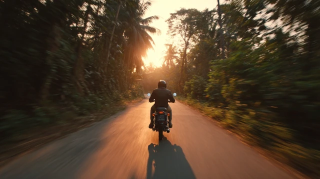 Motorcyclist Rides Into the Sunset Cinematic Shot