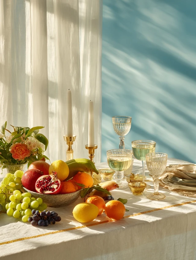 Still Life Table Setting with Fruits and Wine