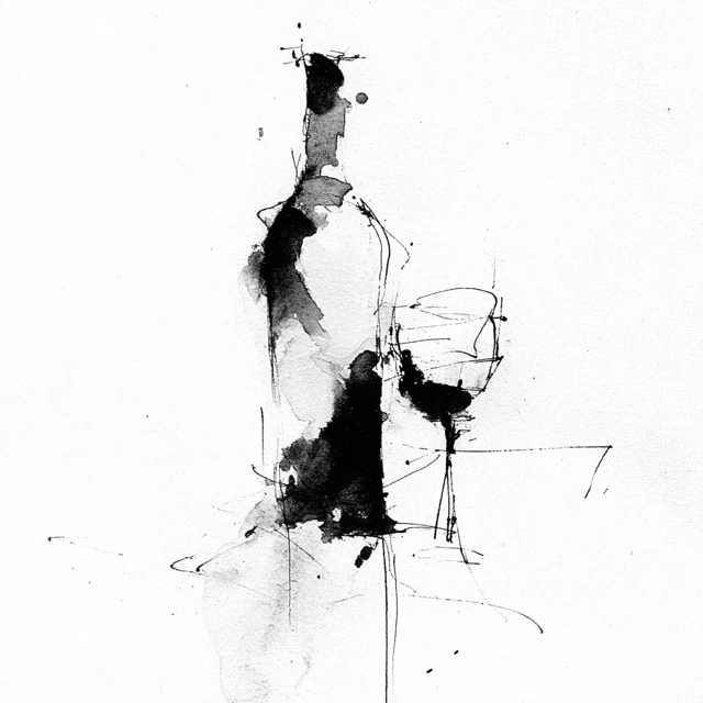 Minimalist Wine Bottle and Glass Ink Drawing