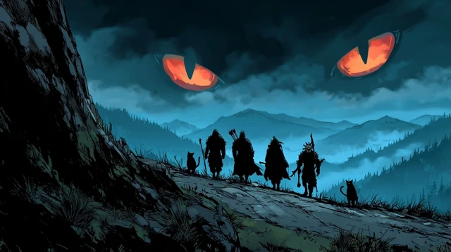 DND Dark Fantasy Illustration with Heroes and a Monster