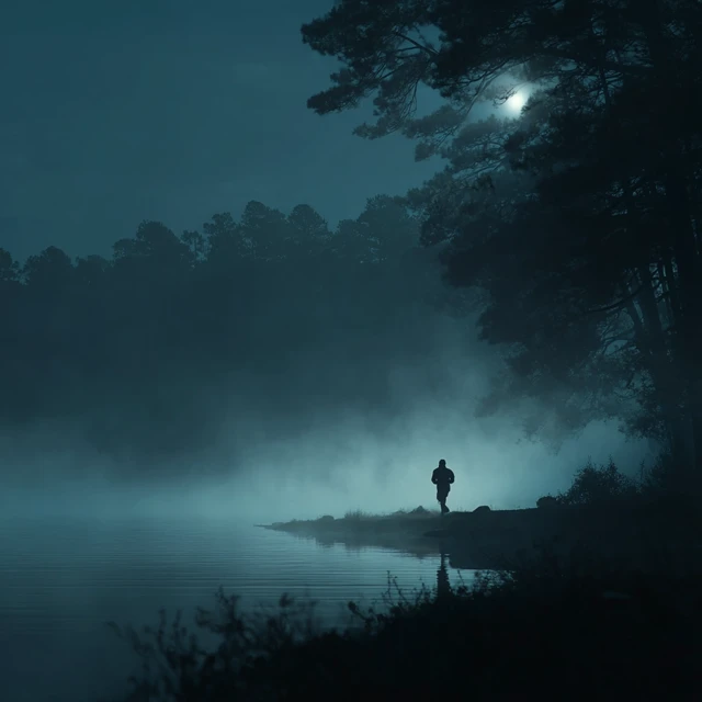 Horror Scene Silhouette Running from Foggy Lake