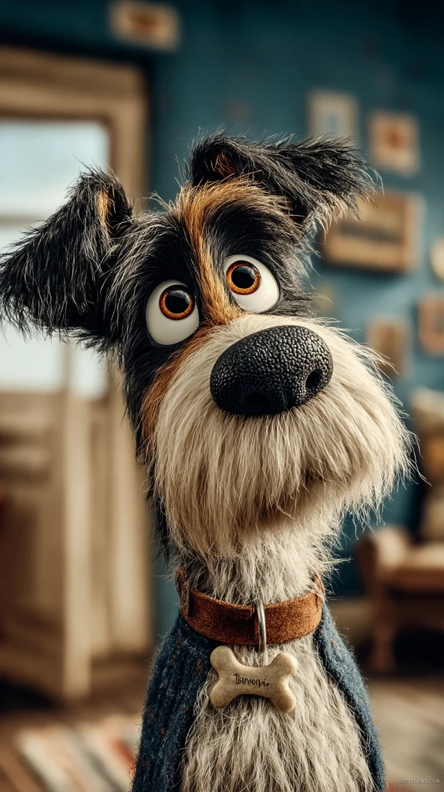 Pixar Style Cartoon Dog Staring at Bone