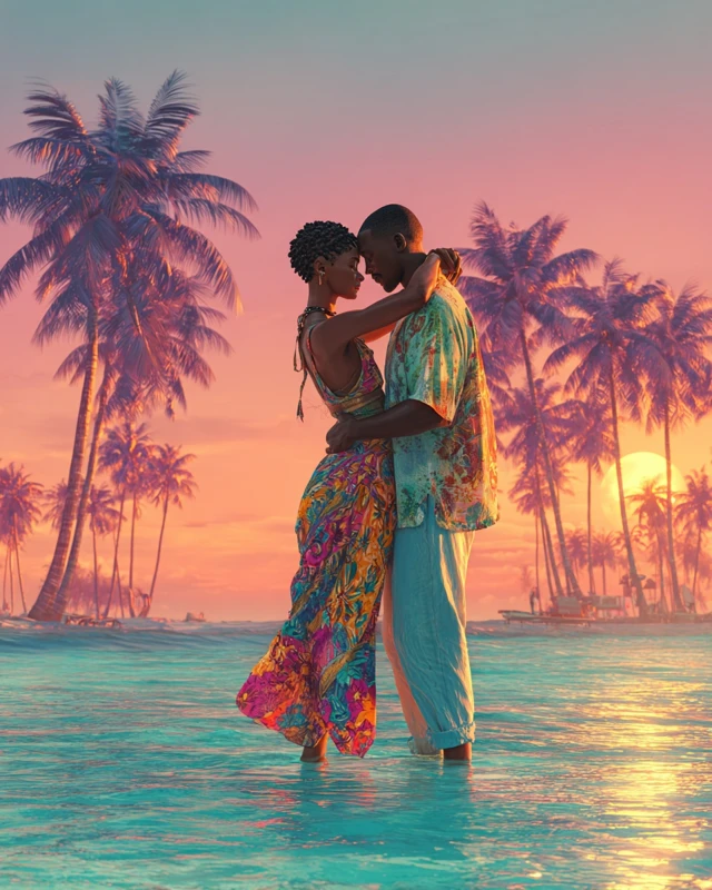 Tropical Romance AfroCaribbean Couple Beach Sunset