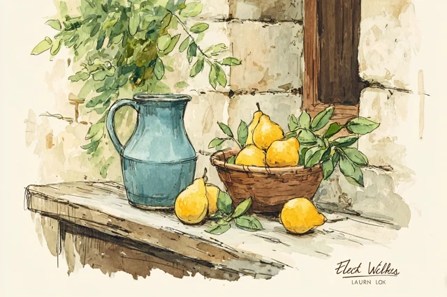 Watercolor Still Life Fruits and Jug Vintage Style