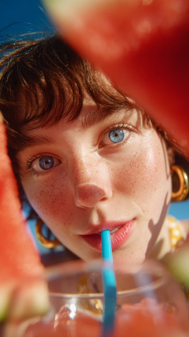 Woman Drinking Watermelon Drink Close Up
