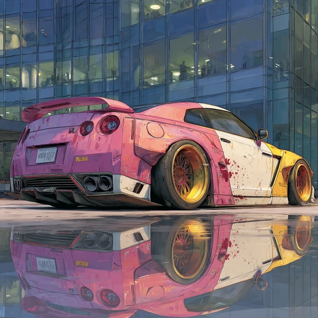 Nissan GTR Anime Style Crashing Through Glass