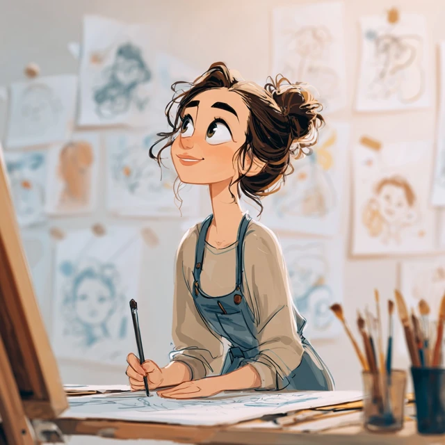 Cartoon Girl Artist in Art Classroom