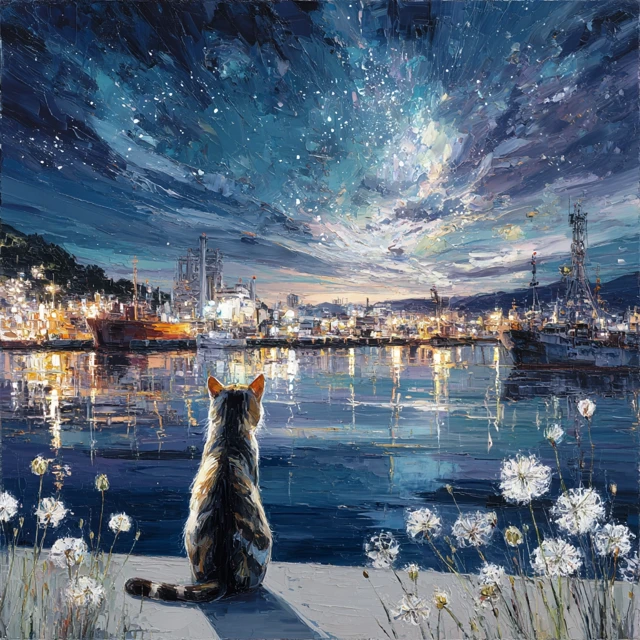 Cat, Night Sky, Beach, Onomichi Oil Painting